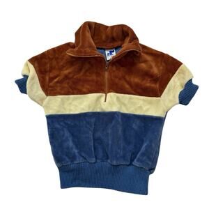 Vintage 80s Velour 1/2 Zip Short Sleeve Top Size 4 Kids Brown Ivory Blue ROB ROY